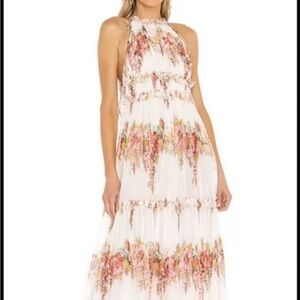 Zimmermann Mae Tiered Frill Halterneck Floral Print Silk Maxi Dress, size 0
